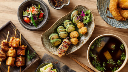 An overhead shot of a japanese meal with skewers, soup, salad, and other dishes on a wooden table