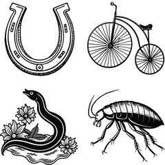 Vector art of a collection of vintage illustrations including a horseshoe a pennyfarthing bicycle a snake with flowers and a cockroach