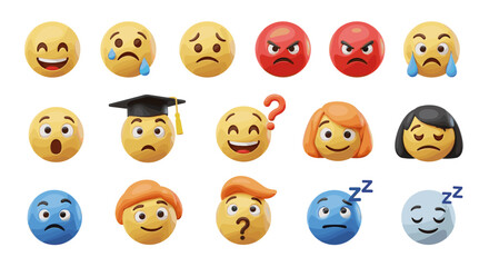 Collection of fifteen emoji style faces with various expressions including happy sad angry and sleeping faces on transparent background