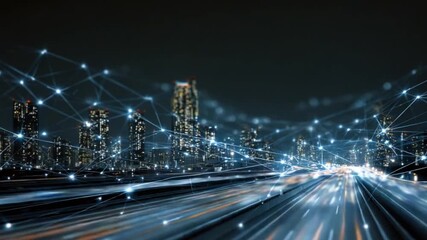 Night city skyline blurred with light trails and connecting points over the road - Powered by Adobe