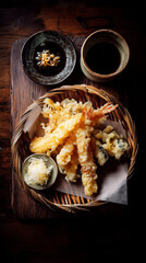 A top down view of shrimp tempura in a basket with dipping sauces on a wooden serving board surface