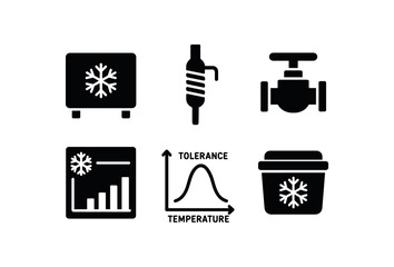 Fototapeta premium solid icon isolated cold chamber module cold finger condenser cold seal valve cold region climate chart cold tolerance curve cold storage container
