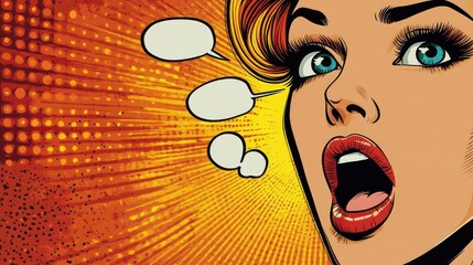Retro comic-style image of surprised woman with open mouth, bold eye makeup, and two speech bubbles on a dotted yellow background, suggesting a dialogue scene. Generative by AI