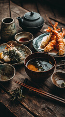 A rustic japanese meal featuring tempura shrimp, miso soup, and tea on a wooden table surface