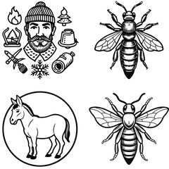 Vector art of a collection of outdoor and naturethemed elements including a lumberjack bees and a donkey isolated on white background