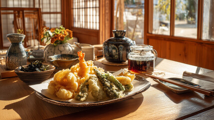 A japanese meal featuring tempura shrimp and vegetables with side dishes on a wooden table indoors lit by sunlight