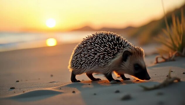 European hedgehog walking slowly along a path