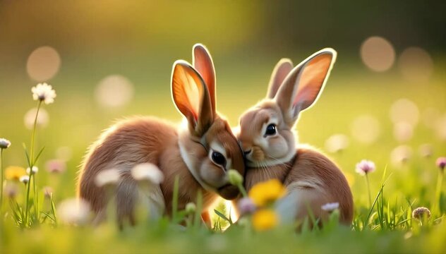 European rabbit cuddling close with its baby