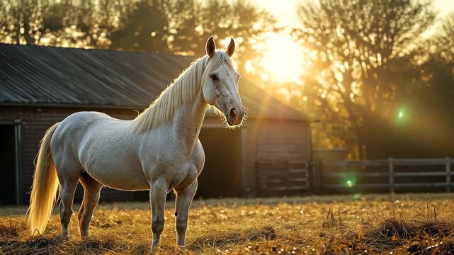  Majestic Horse at Sunrise: A pure white horse, its coat gleaming in the golden light, stands serenely against the backdrop of a rustic barn and a radiant sunrise, embodying grace and freedom.