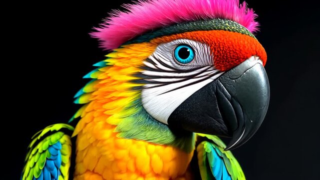 Vibrant Macaw Parrot with a Stylish Crest: This photograph captures a close-up view of a vividly colorful macaw parrot with a striking pink crest.