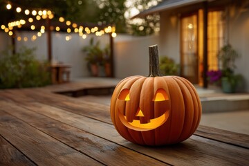 Carved jack o lantern glows on wooden deck with twinkling lights