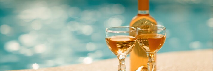Two glasses of rose wine and a bottle by a swimming pool. Concept of summer vacation, leisure, and celebration for travel agency.