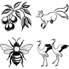 Vector art of a vibrant collection of nature illustrations including a bee fruit on a branch a leaping fox and two graceful cranes isolated on white background