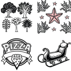 Vector art of a collage of four black and white illustrations featuring trees marine life a pizza and a sleigh isolated on white background