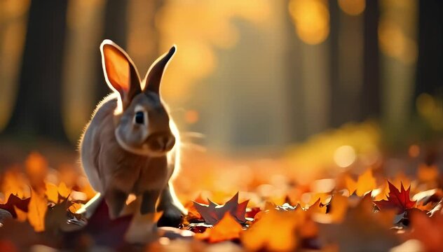 European rabbit jumping over fallen leaves