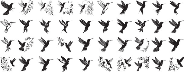Hummingbird Silhouette Art Set – Flying Bird Vector Icons, Minimalist Nature Design, Decorative Wildlife