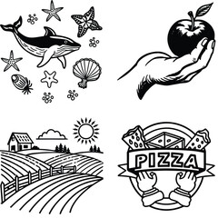 Vector art of a collection of marine life illustrations including a whale starfish and seashell isolated on a white background