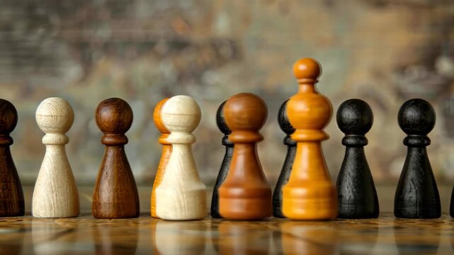 Chess Pawns' Formation: A close-up captures the strategic placement of a diverse collection of chess pawns, each uniquely colored and poised.