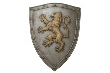 Metallic medieval shield featuring a golden rampant lion, isolated on transparent background, perfect for historical or fantasy projects
