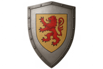 Metallic medieval shield featuring a red rampant lion on a gold background, isolated on transparent background, perfect for historical or fantasy projects