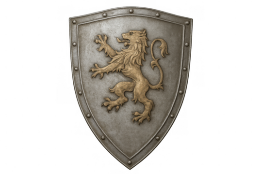 Metallic medieval shield featuring a golden rampant lion, isolated on transparent background, perfect for historical or fantasy projects