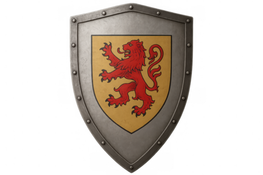 Metallic medieval shield featuring a red rampant lion on a gold background, isolated on transparent background, perfect for historical or fantasy projects