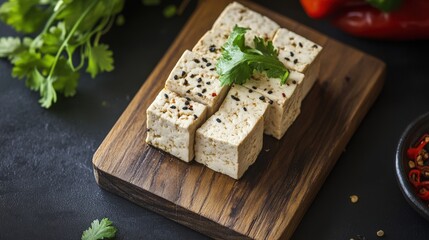 Cubes of seasoned tofu on a wooden board.