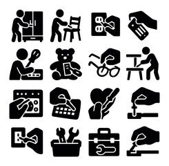 Household activities silhouette icon set: cooking, reading, diy, repair, crafting, organizing, maintenance