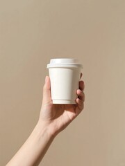 Plain white coffee cup held upward by hand, neutral beige background, minimal hand portrait for clean beverage branding