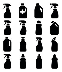 Cleaning product silhouette icon set. featuring spray bottle, detergent, disinfectant, soap, and more.