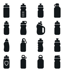 Fototapeta premium Fitness silhouette icon set: water bottle, flask, sports jug, hydration container, travel thermos, outdoor cup