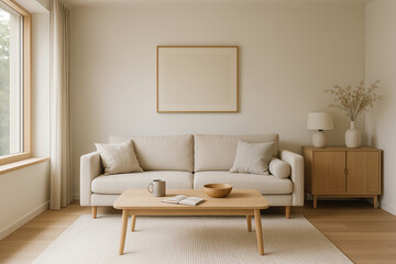 Minimalist living room interior with neutral tones and natural wood furniture. The space features a beige sofa, wooden coffee table, soft rug, and gentle daylight from a large window