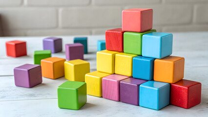 Obraz premium A vibrant collection of blocks in various colors, neatly arranged or playfully scattered to showcase their diversity and cheerful design