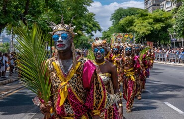 Fototapeta premium Vibrant santo domingo: festive procession, jubilant gathering, bright attire, rhythmic melody, cultural tradition, spirited festival, lively parade, jubilation, energetic crowd, street carnival,