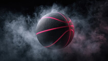 A dark basketball with vibrant pink lines is centrally positioned within a hazy, smoky atmosphere, illuminated with subtle lighting