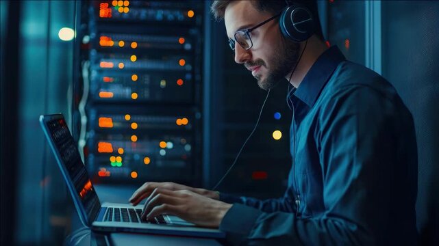 A man wearing headphones working on a laptop among servers, suggesting IT expertise and digital services. - Powered by Adobe