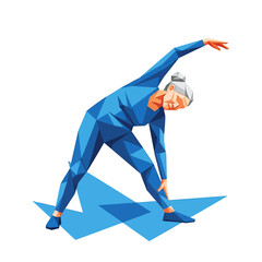 Abstract illustration of an elderly woman in blue sportswear performing a triangle yoga pose on a blue mat, isolated on white.