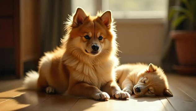 Finnish spitz crying gently near its puppy