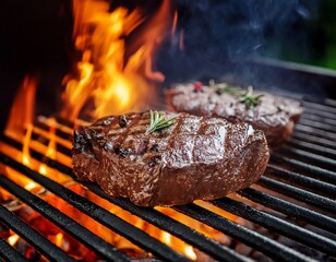 steak grilling on a barbecue grilled meat beef meat bifteck roasted meet cooked with fire bbq party summer party american food cooked with fire