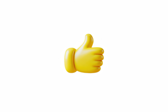 Glossy yellow thumbs up emoji conveys positive approval and agreement isolated on transparent background.
