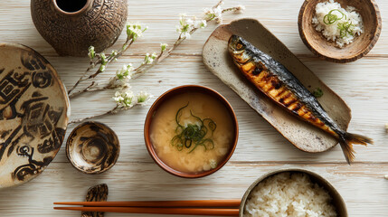 A top view of a japanese meal with grilled fish miso soup and rice on a wooden surface with chopsticks