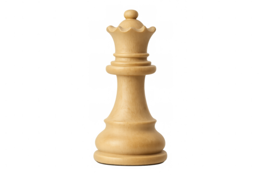 Classic wooden white queen chess piece standing on a transparent background, ready to be used in any project