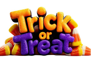 Festive Trick or Treat Display Featuring Candy Corn and Bold Lettering, Perfect for Halloween Season on transparent background