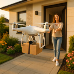 An innovative white delivery drone bringing a package directly to a smiling woman's doorstep at home, showcasing future technology.