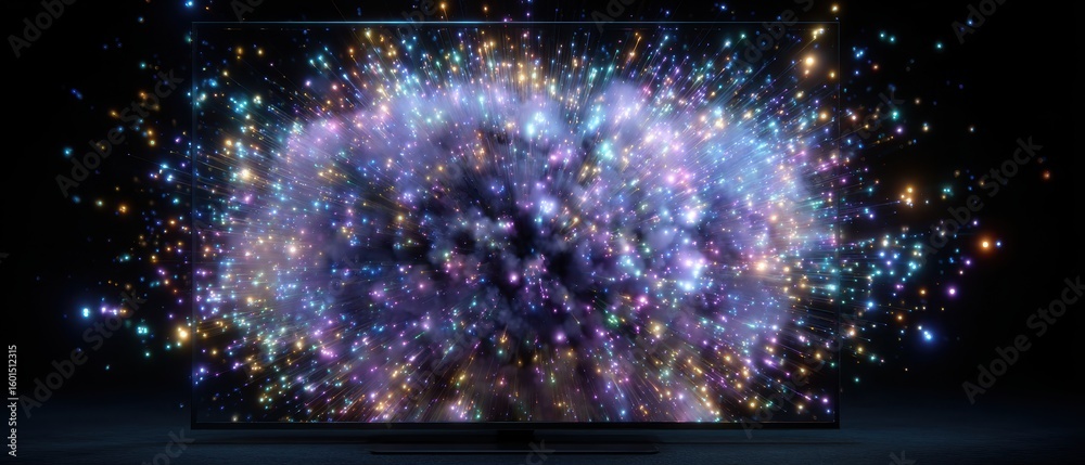 Poster digital display screen with exploding fireworks effect for futuristic party design