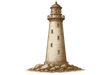 Vintage hand-drawn lighthouse standing on rocky shoreline, guiding nautical vessels with classic maritime illustration style against transparent backdrop
