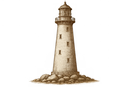 Vintage hand-drawn lighthouse standing on rocky shoreline, guiding nautical vessels with classic maritime illustration style against transparent backdrop