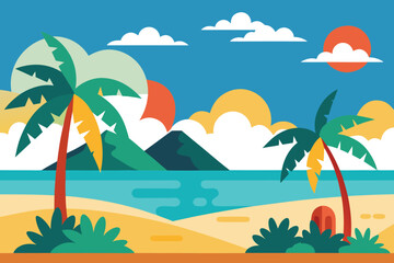 Obraz premium Beautiful vector illustration of a tropical beach scene with sand, sea water, vibrant palm trees, and clear skies. A perfect summer vacation destination with a calm and peaceful coastal atmospher.