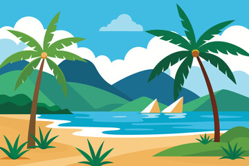 Beautiful vector illustration of a tropical beach scene with sand, sea water, vibrant palm trees, and clear skies. A perfect summer vacation destination with a calm and peaceful coastal atmospher.