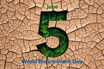 World environment day june fifth concept with cracked earth and green leaves inside